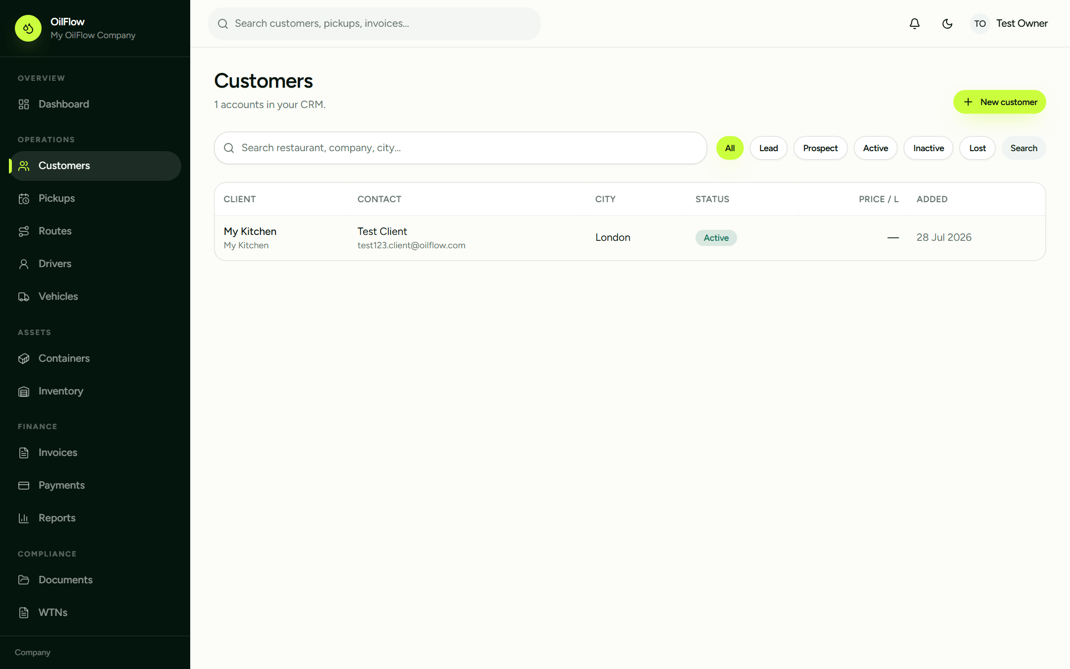 OilFlow Company customers CRM for GreenDrop Oils — live client accounts